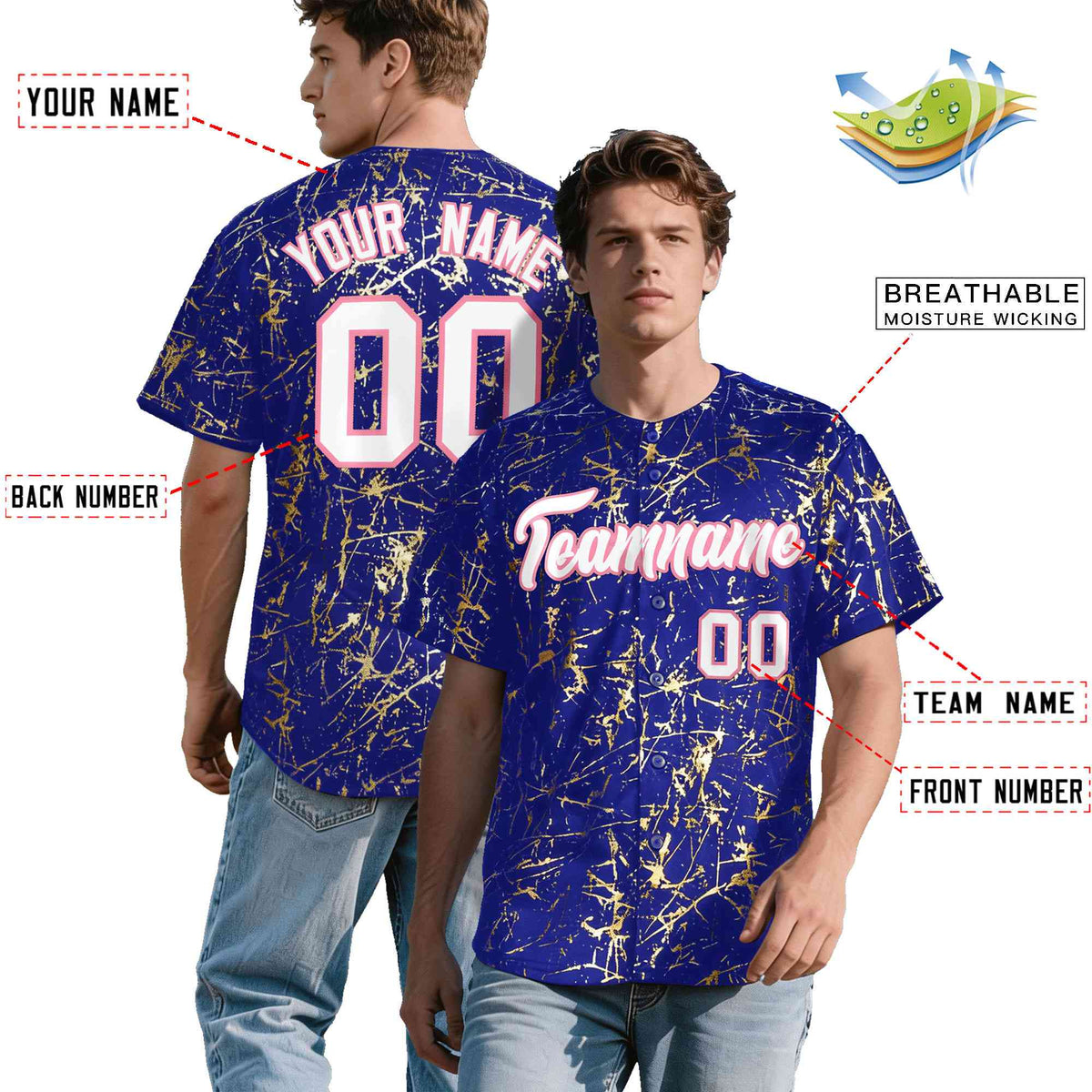 Custom Royal White Black&Shiny Gold Cracked Foil Breathable Mesh Streetwear Baseball Jersey