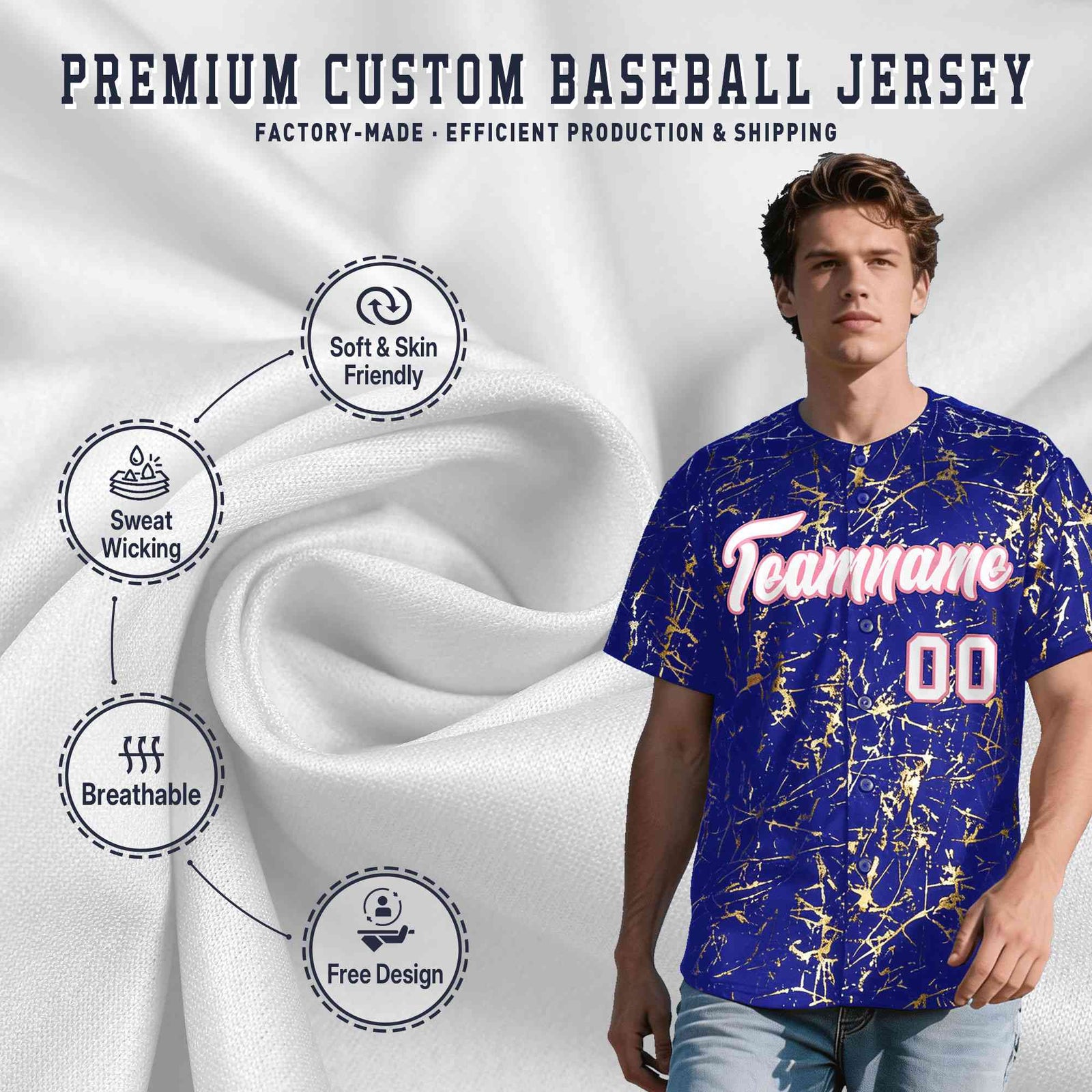 Custom Royal White Black&Shiny Gold Cracked Foil Breathable Mesh Streetwear Baseball Jersey