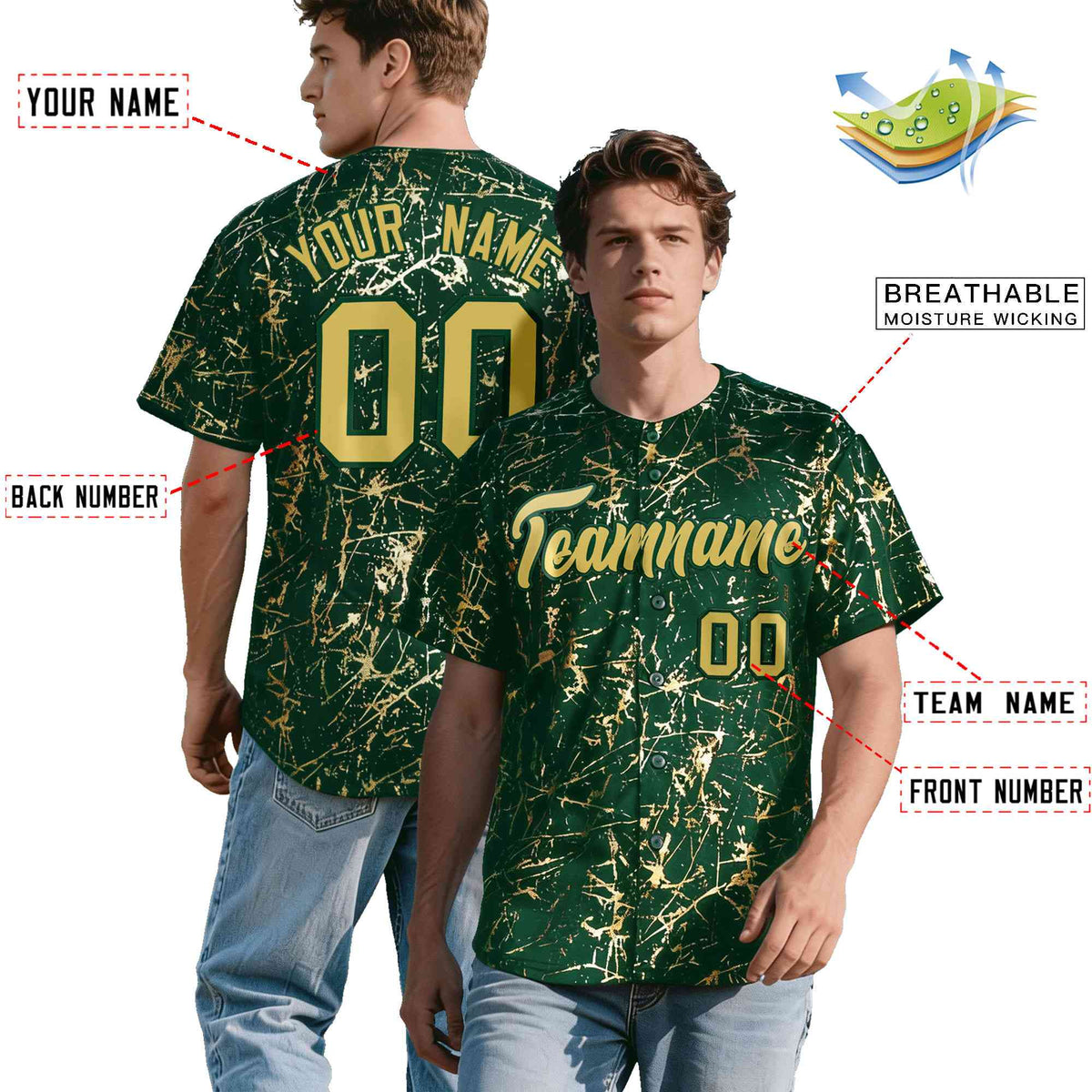 Custom Green Old Gold Black&Shiny Gold Cracked Foil Hip Hop Button Down Baseball Jersey