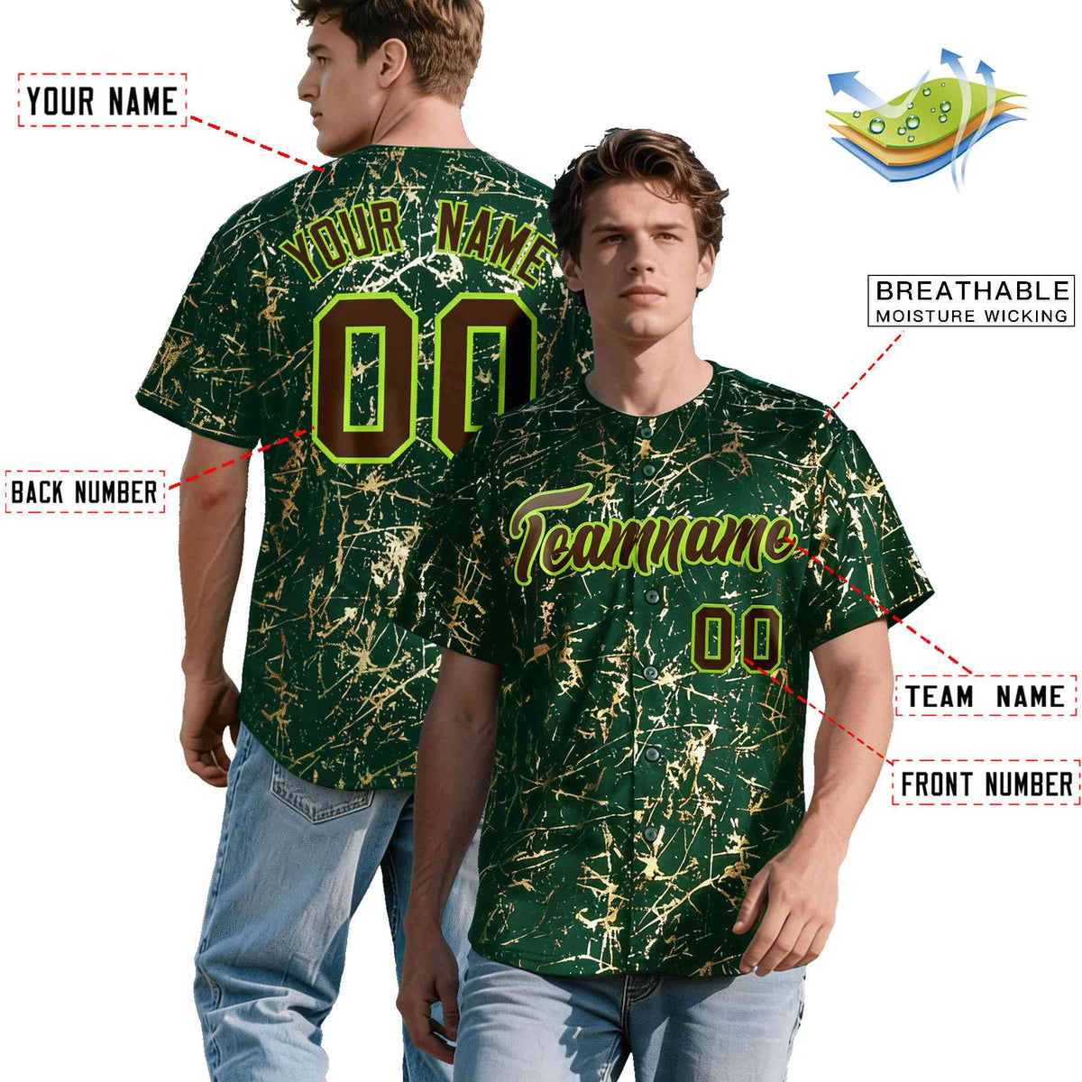 Custom Green Brown Metallic Gold Splatter Breathable&Wrinkle-Resistant Baseball Jersey
