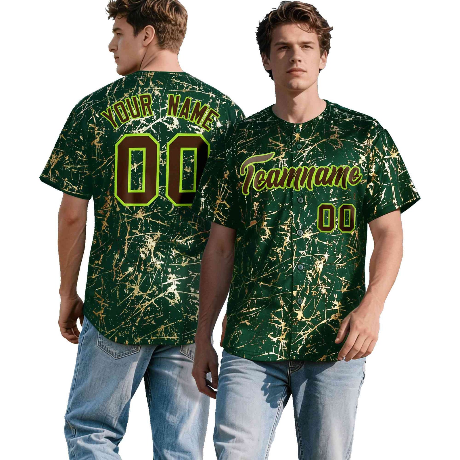 Custom Green Brown Metallic Gold Splatter Breathable&Wrinkle-Resistant Baseball Jersey