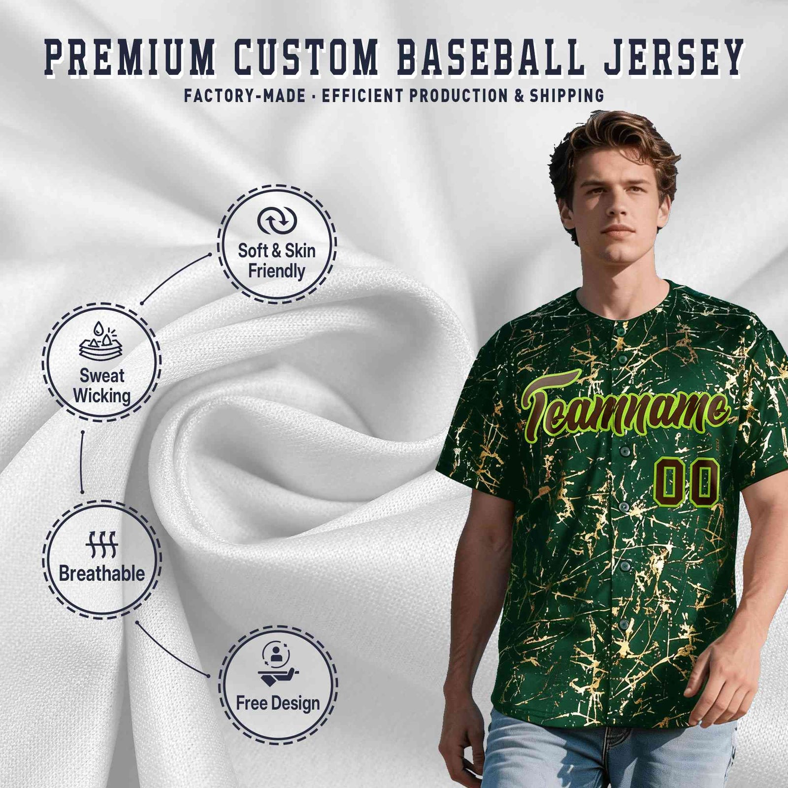 Custom Green Brown Metallic Gold Splatter Breathable&Wrinkle-Resistant Baseball Jersey