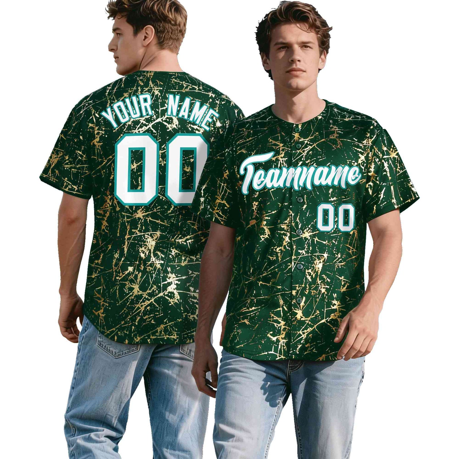 Custom Green White Black&Shiny Gold Cracked Foil Breathable Mesh Streetwear Baseball Jersey