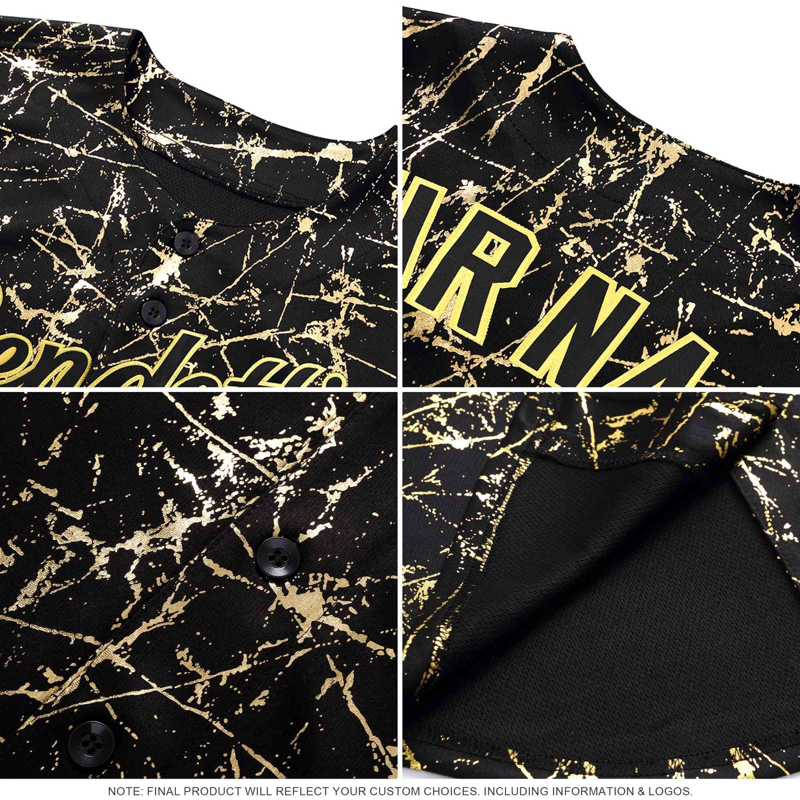 Custom Black Light Green Metallic Gold Splatter Breathable&Wrinkle-Resistant Baseball Jersey