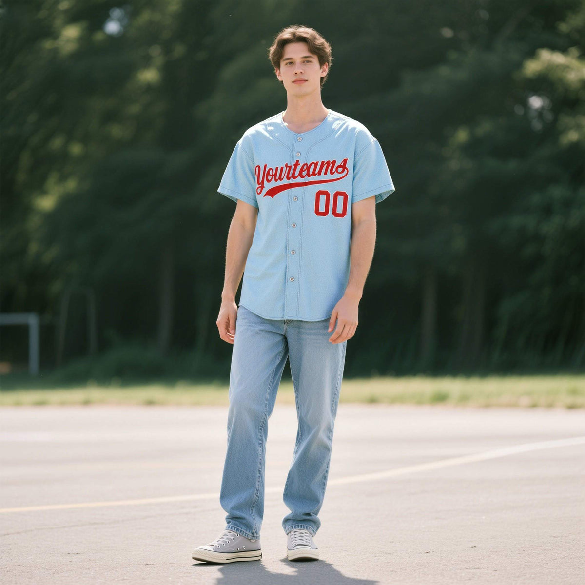 Custom Powder Blue Personalized Denim Baseball Jersey For Men Women Boy