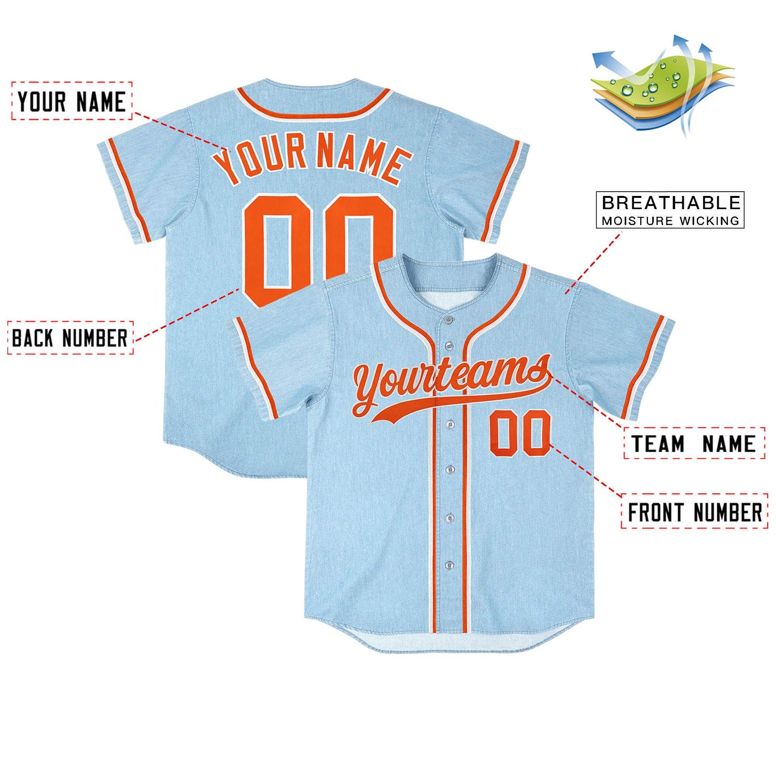 Custom Powder Blue Personalized Denim Baseball Jersey For Men Women Boy