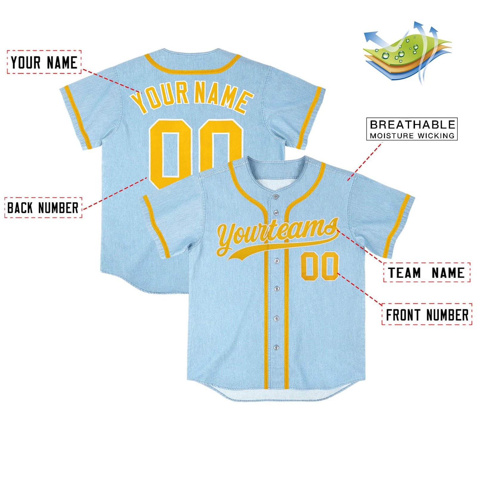 Custom Powder Blue Personalized Denim Baseball Jersey For Men Women Boy