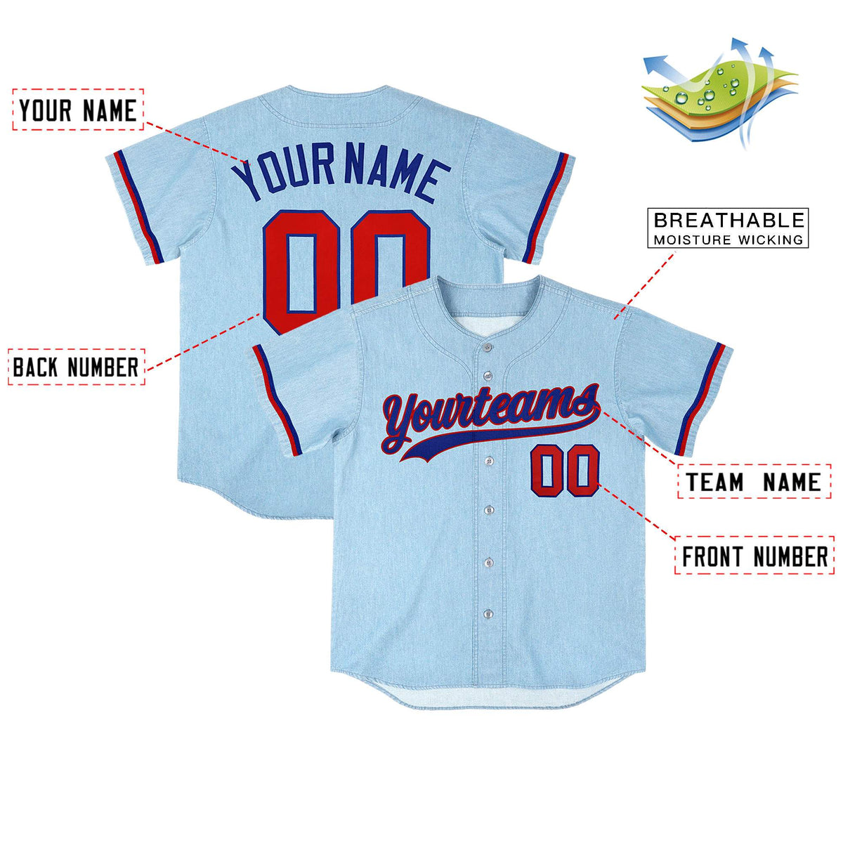Custom Powder Blue Personalized Denim Baseball Jersey For Men Women Boy