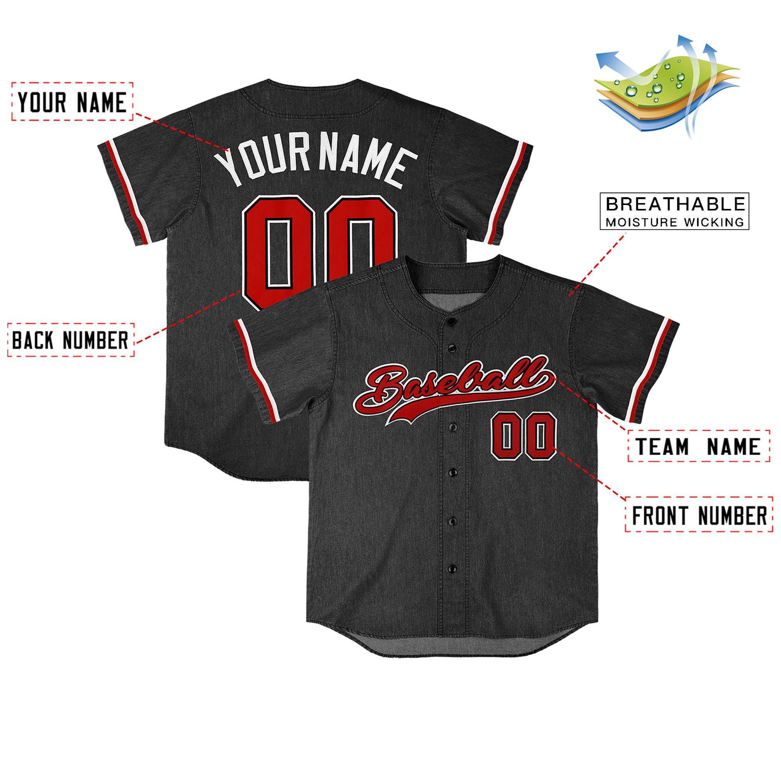 Custom Black Personalized Denim Baseball Jersey For Men Women Boy