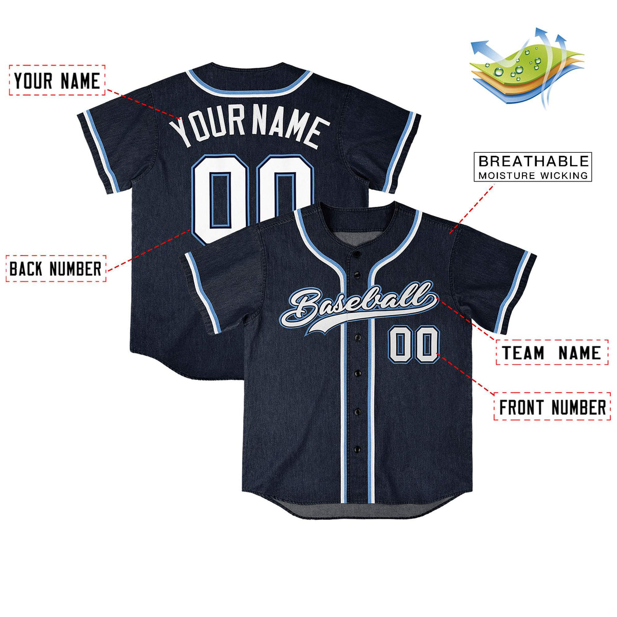 Custom Navy Personalized Denim Baseball Jersey For Men Women Boy
