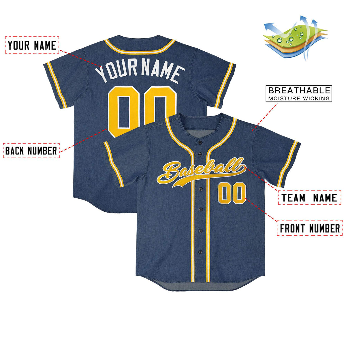 Custom Midnight Blue Personalized Denim Baseball Jersey For Men Women Boy