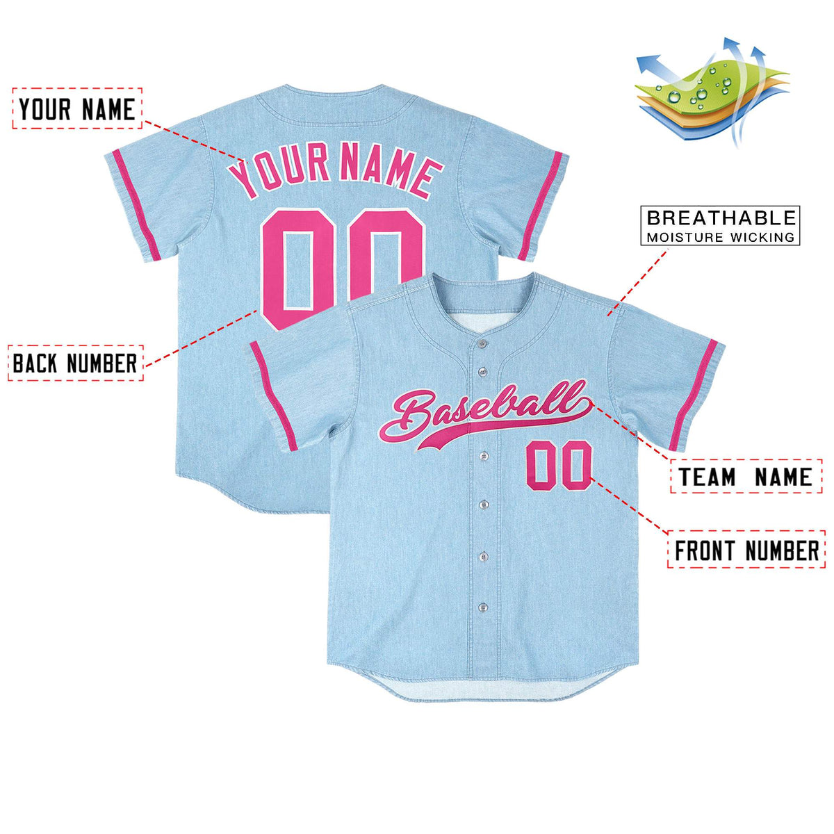 Custom Powder Blue Personalized Denim Baseball Jersey For Men Women Boy