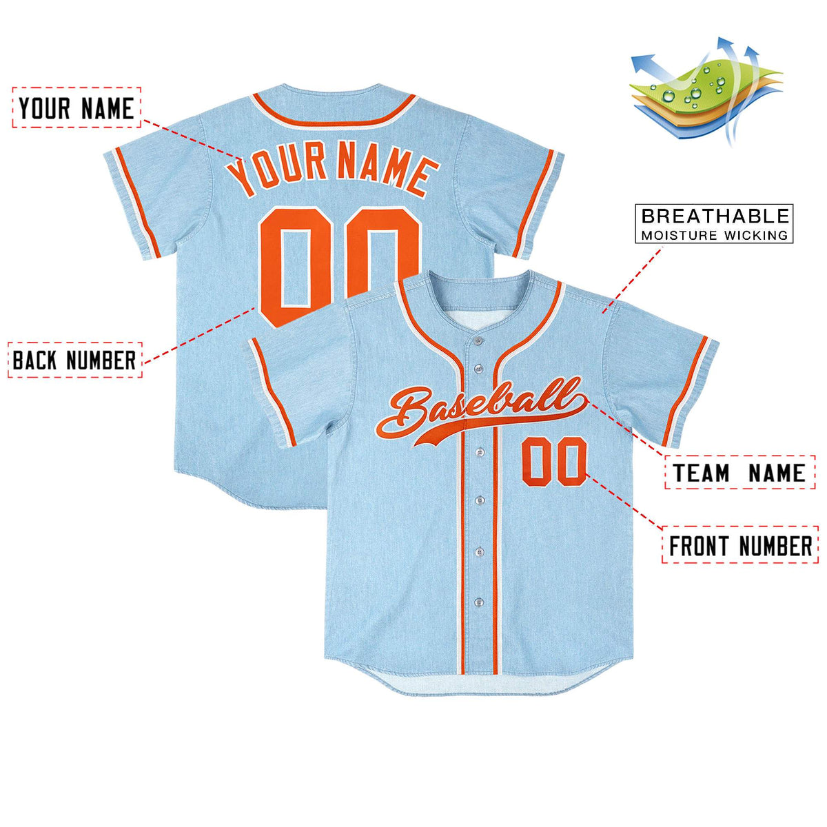 Custom Powder Blue Personalized Denim Baseball Jersey For Men Women Boy