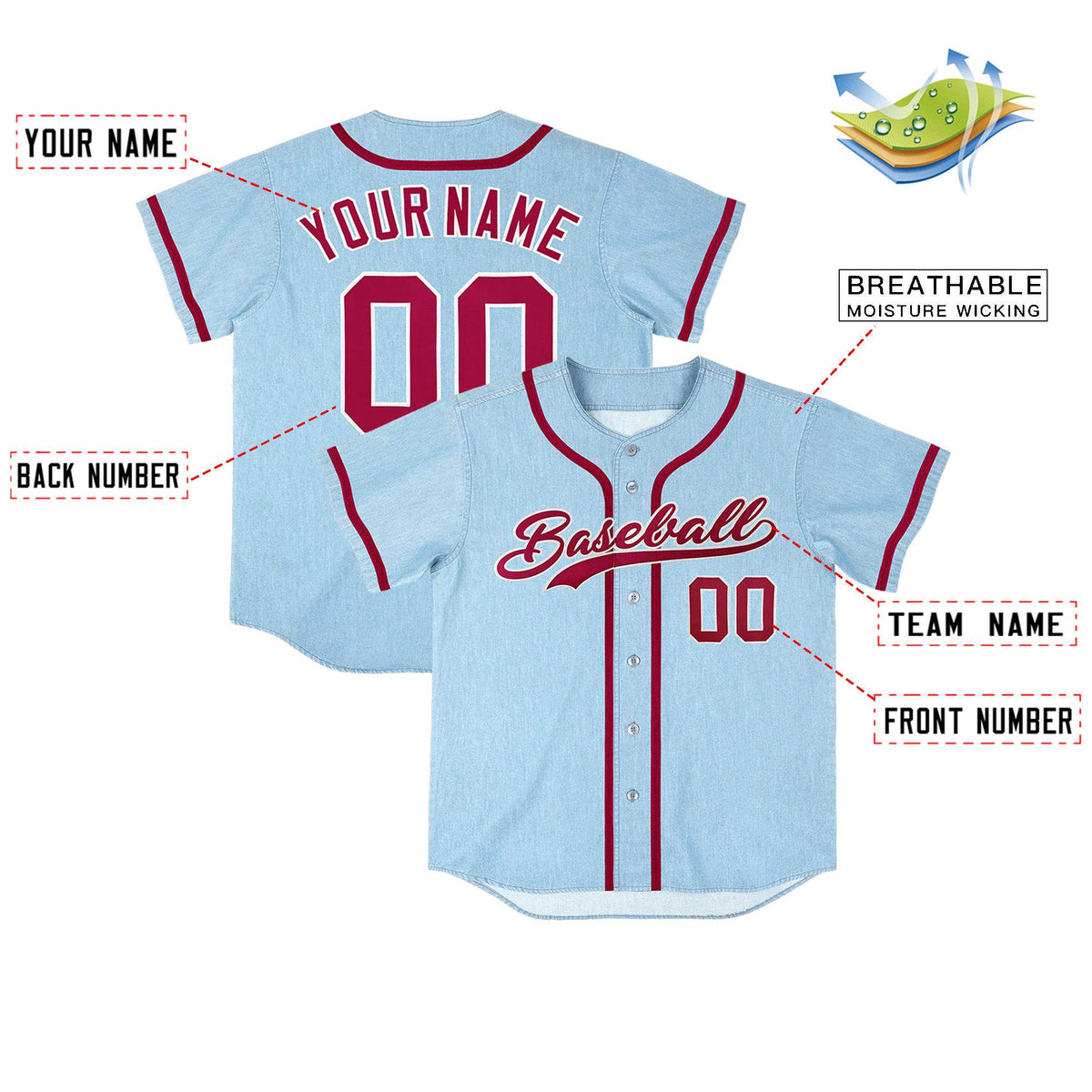 Custom Powder Blue Personalized Denim Baseball Jersey For Men Women Boy
