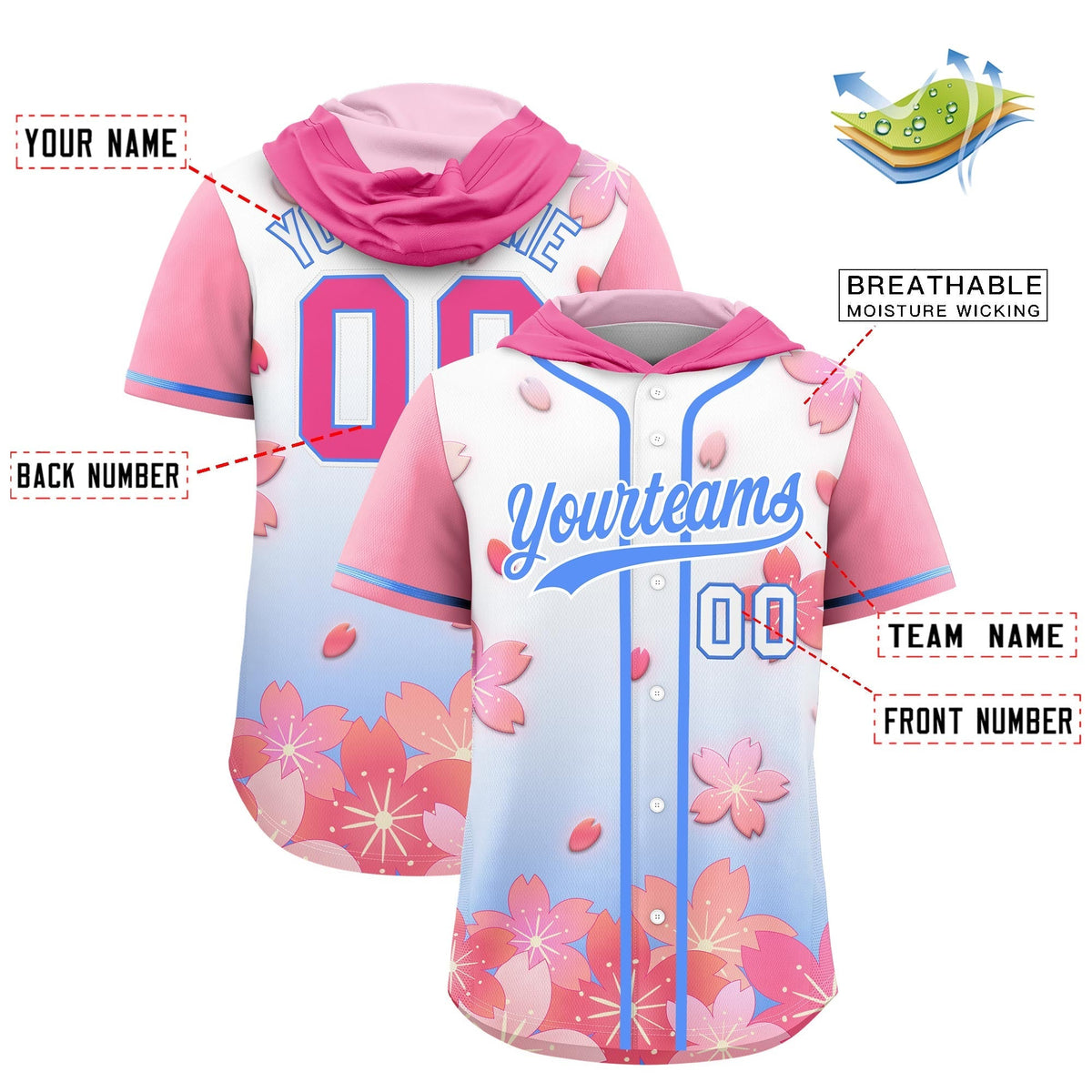 Custom Hooded Baseball Jersey | Pink Powder Blue Cherry Blossom Moisture-Wicking Jersey for Men & Women