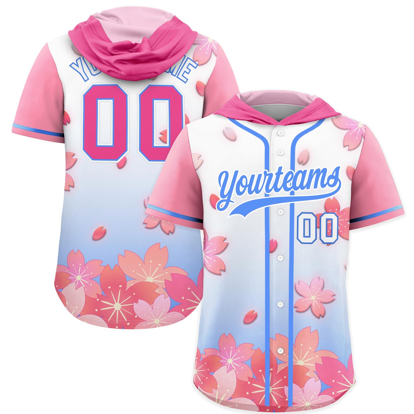 Custom Hooded Baseball Jersey | Pink Powder Blue Cherry Blossom Moisture-Wicking Jersey for Men & Women