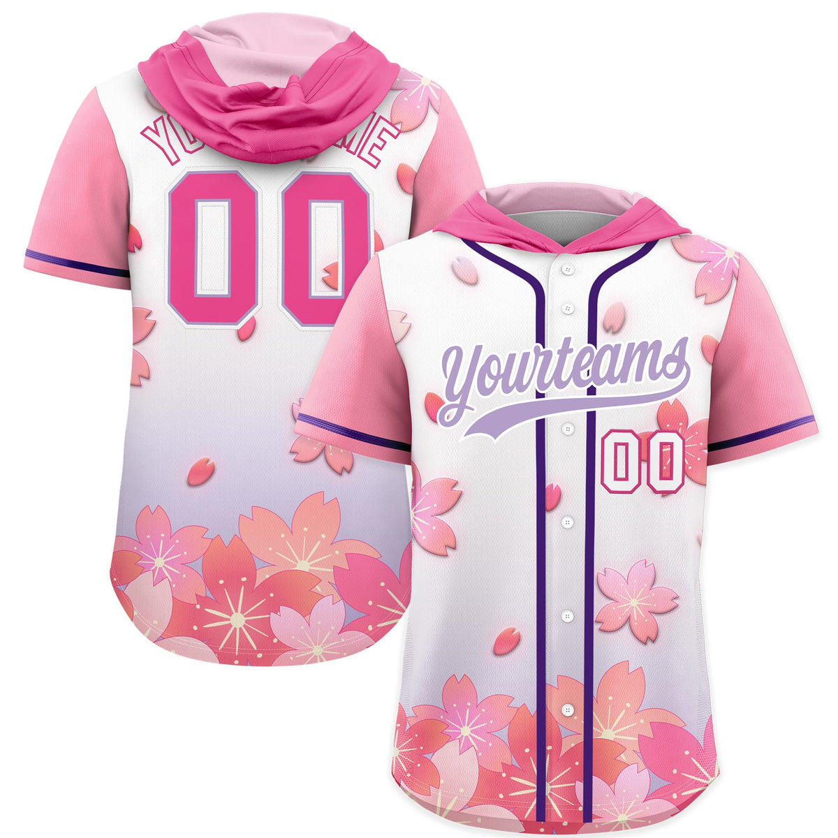 Custom Hooded Baseball Jersey | Pink Light Purple Cherry Blossom Personalized Name & Number Sport Jersey