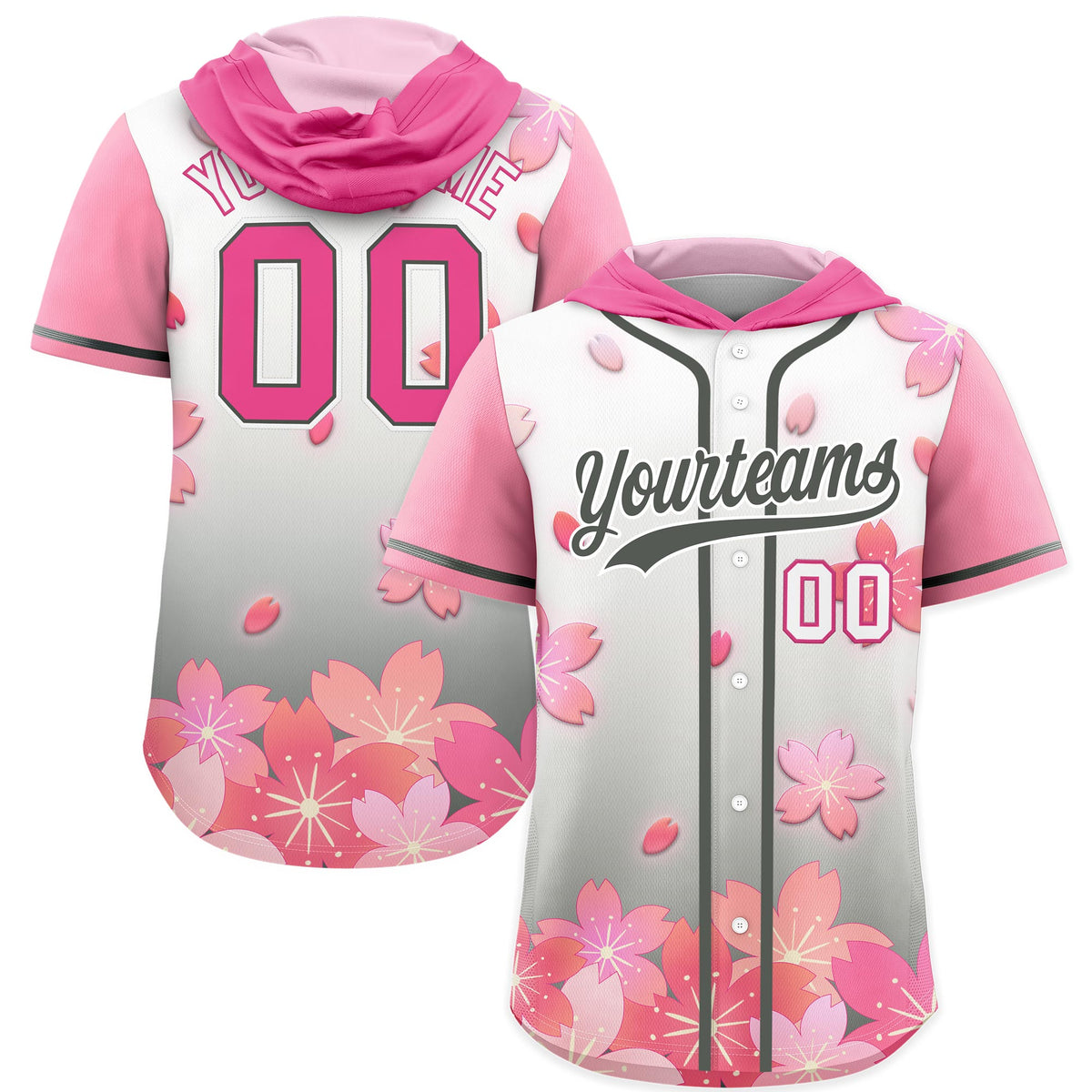 Custom Hooded Baseball Jersey | Pink Gray Cherry Blossom Moisture-Wicking Jersey for Men & Women
