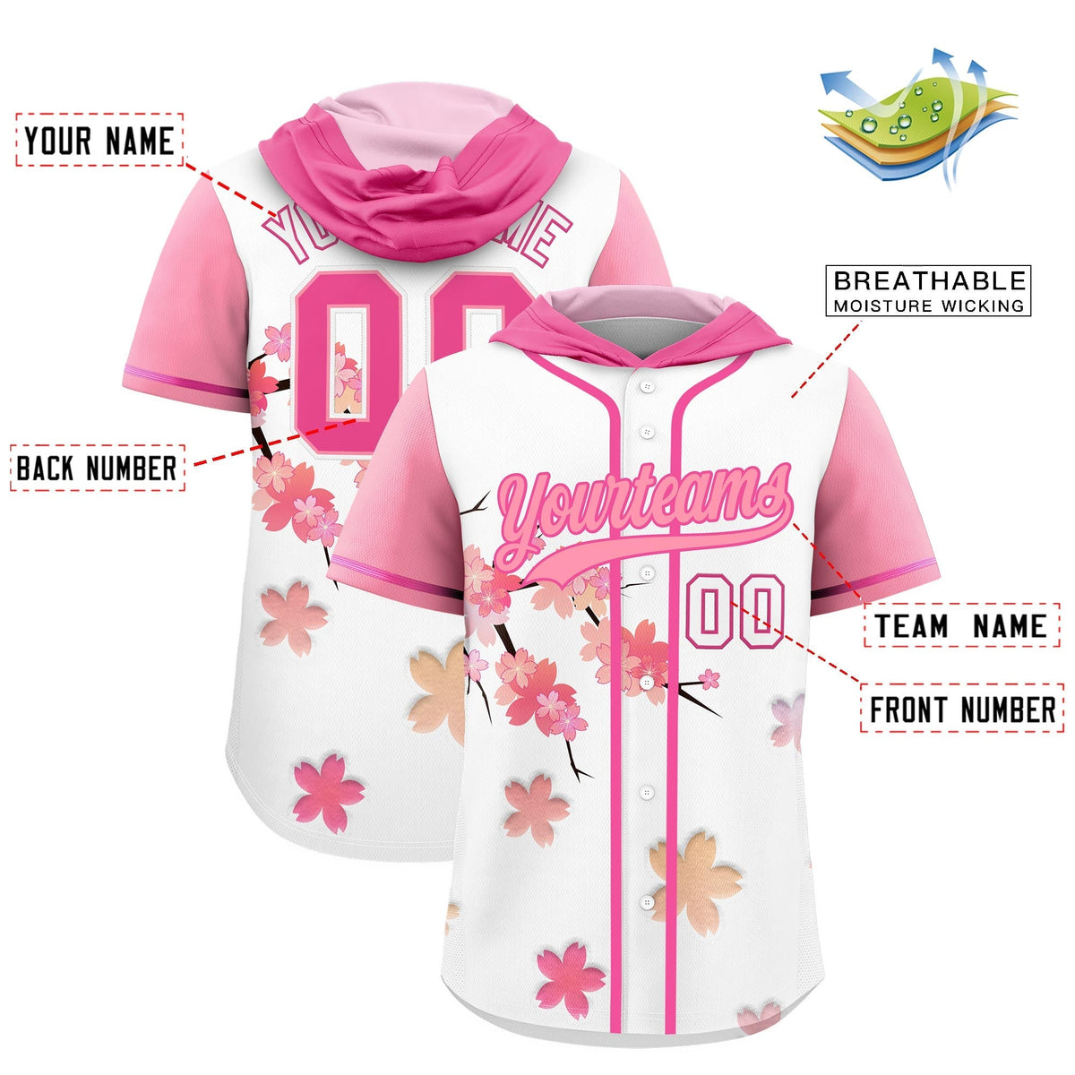 Custom Hooded Baseball Jersey | Pink Light Pink Cherry Blossom Breathable Athleisure Streetwear