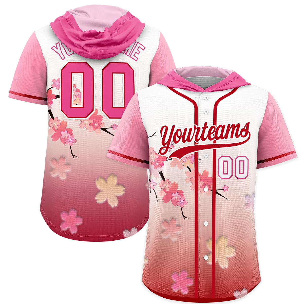 Custom Hooded Baseball Jersey | Pink Red Cherry Blossom Moisture-Wicking Jersey for Men & Women