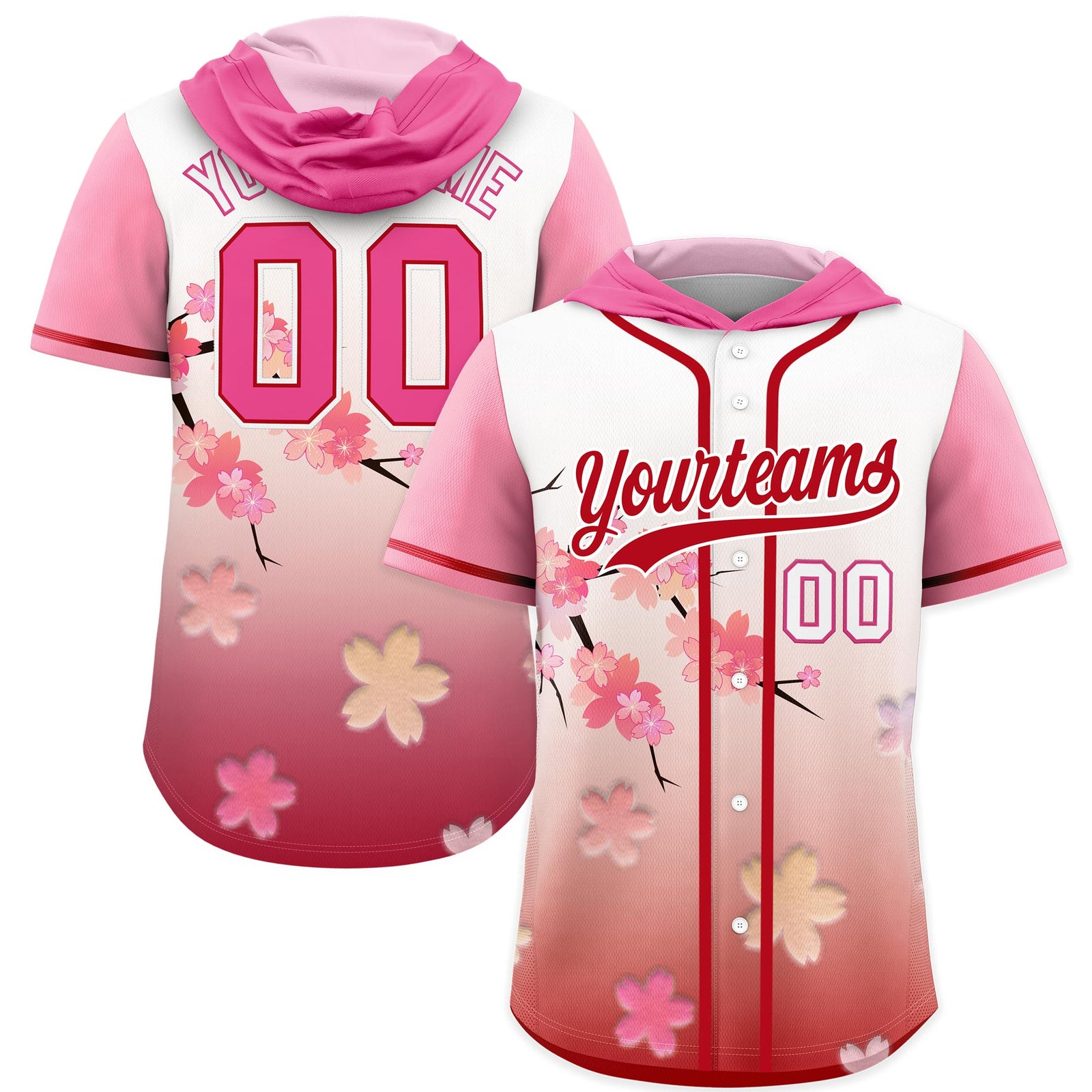 Custom Hooded Baseball Jersey | Pink Red Cherry Blossom Moisture-Wicking Jersey for Men & Women