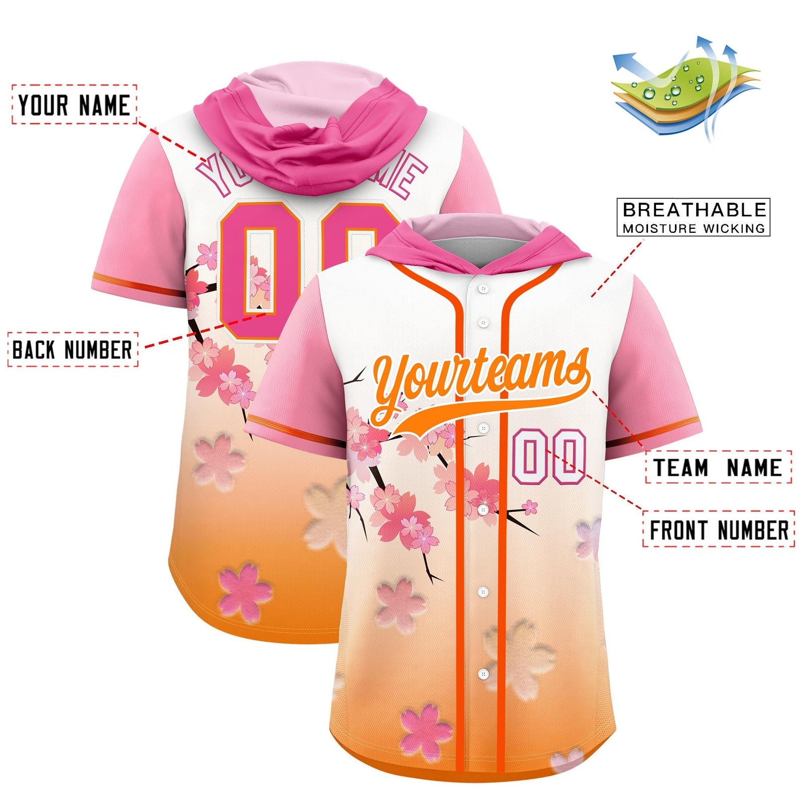 Custom Hooded Baseball Jersey | Pink Orange Cherry Blossom Personalized Name & Number Sport Jersey