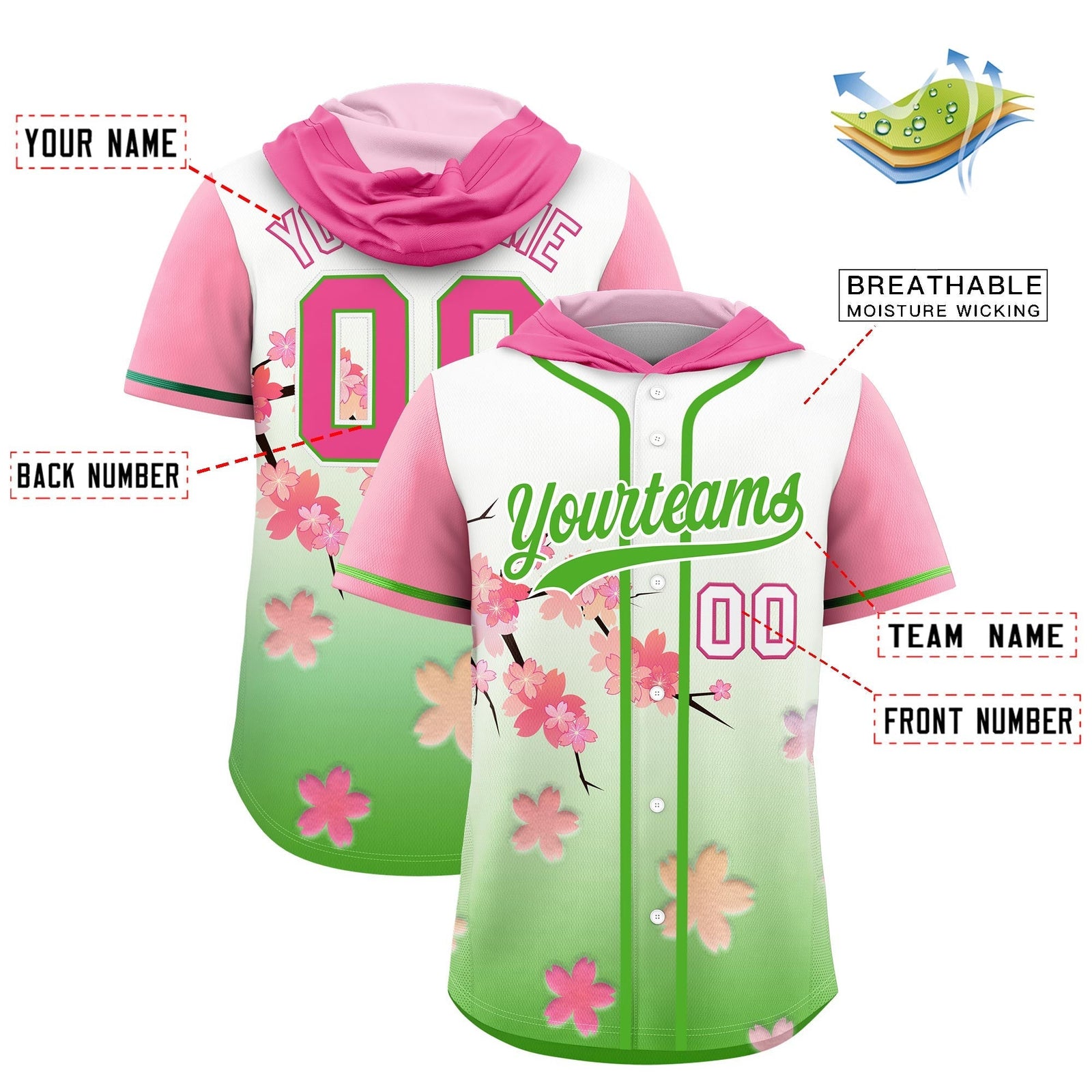 Custom Hooded Baseball Jersey | Pink Light Green Cherry Blossom Moisture-Wicking Jersey for Men & Women