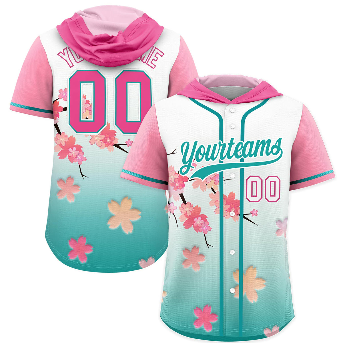 Custom Hooded Baseball Jersey | Pink Aqua Cherry Blossom Personalized Name & Number Sport Jersey