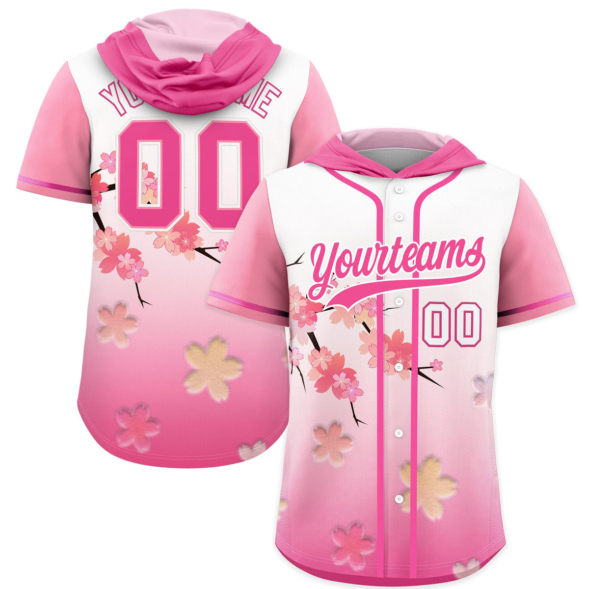 Custom Hooded Baseball Jersey | Pink White Cherry Blossom Personalized Name & Number Sport Jersey
