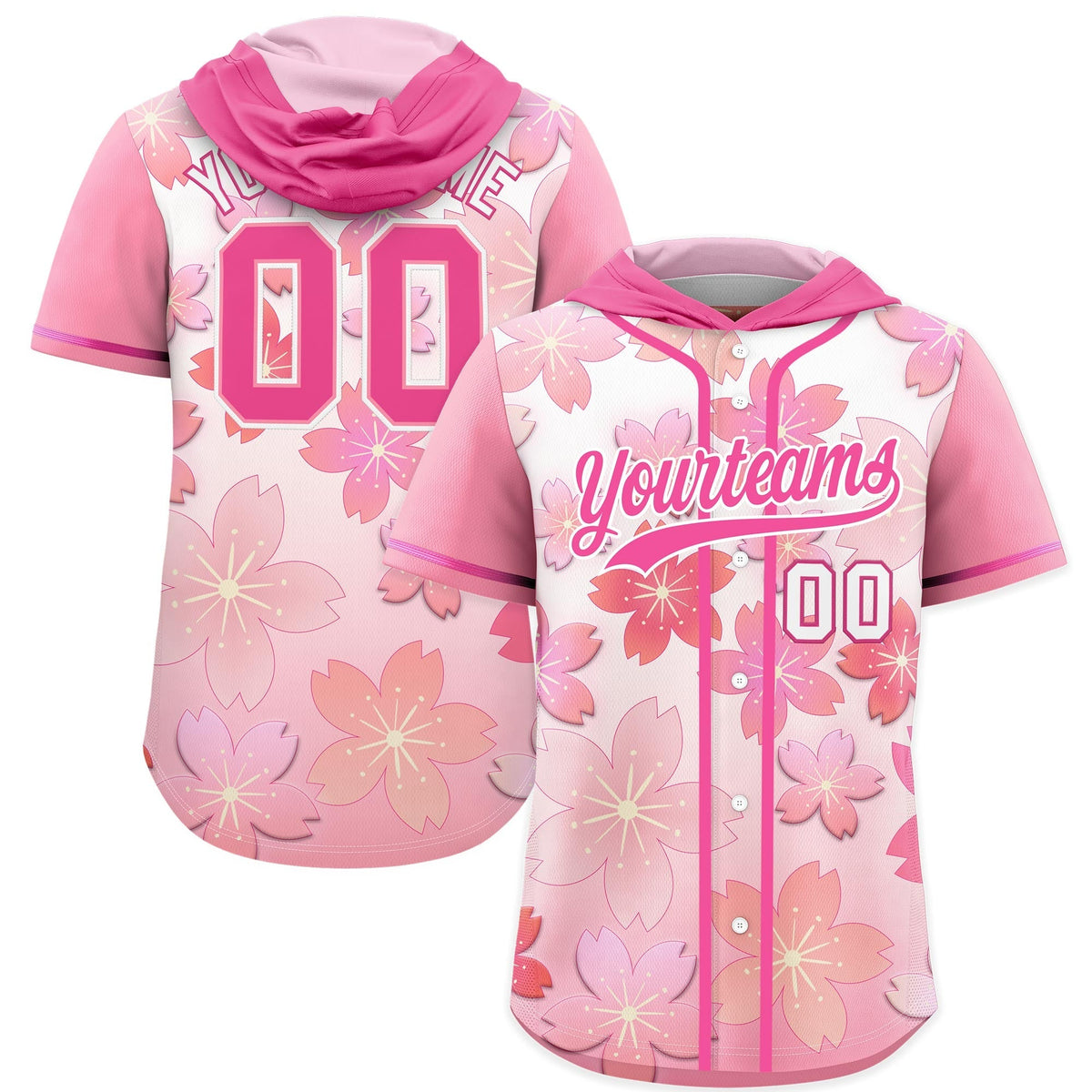 Custom Hooded Baseball Jersey | Pink Pink Cherry Blossom Personalized Name & Number Sport Jersey