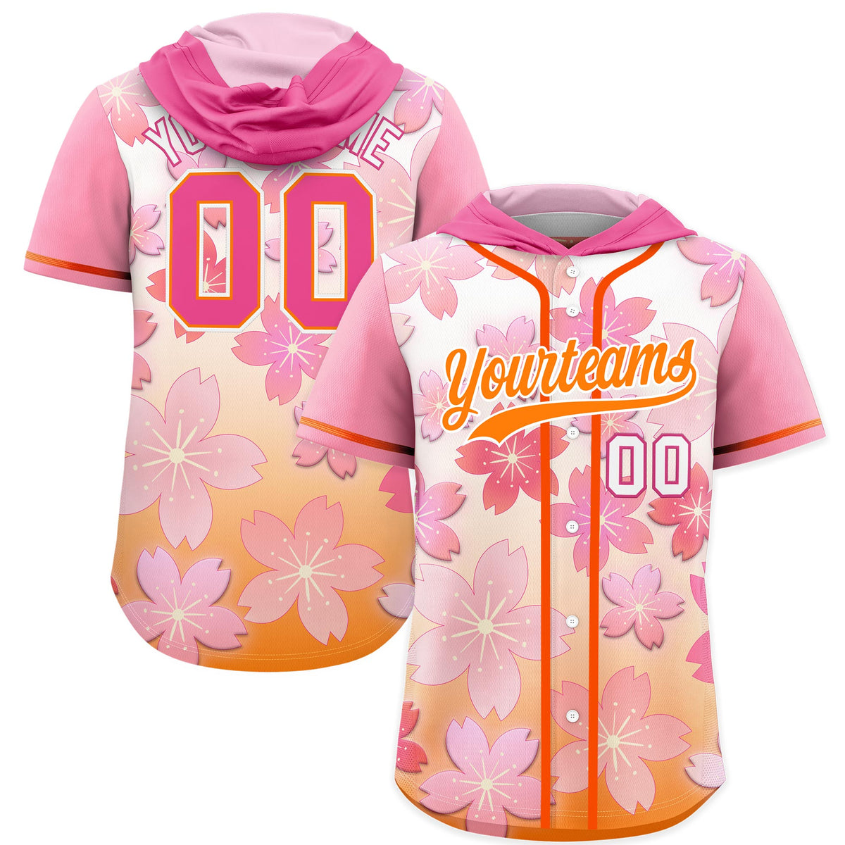 Custom Hooded Baseball Jersey | Pink Orange Cherry Blossom Moisture-Wicking Jersey for Men & Women
