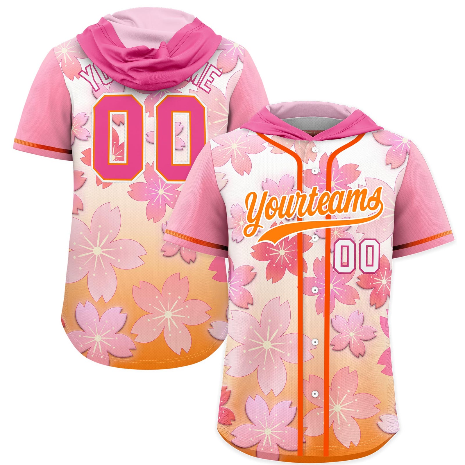 Custom Hooded Baseball Jersey | Pink Orange Cherry Blossom Moisture-Wicking Jersey for Men & Women
