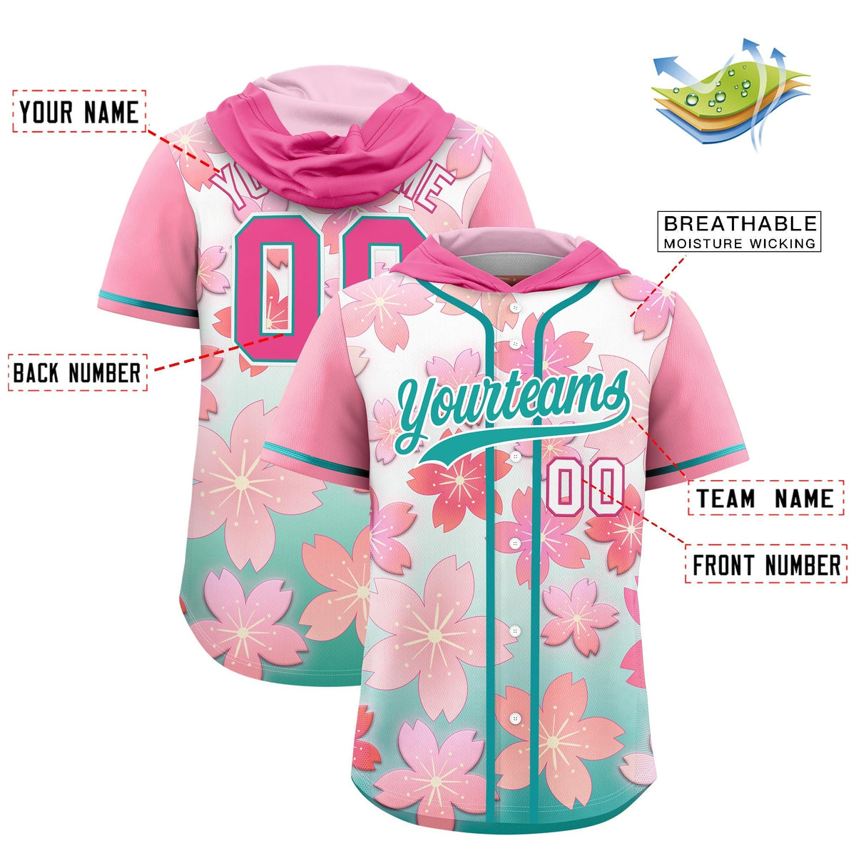 Custom Hooded Baseball Jersey | Pink Aqua Cherry Blossom Moisture-Wicking Jersey for Men & Women