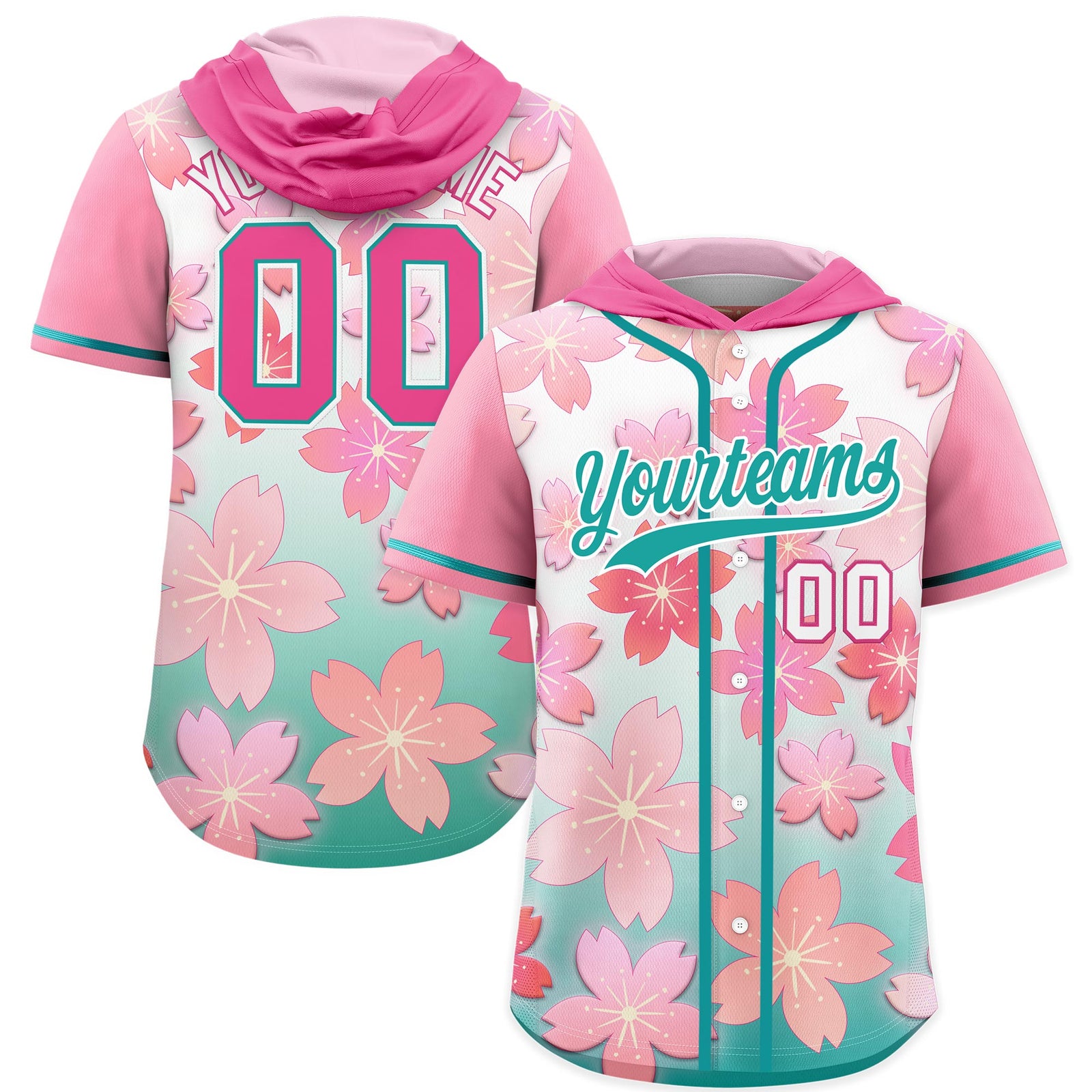 Custom Hooded Baseball Jersey | Pink Aqua Cherry Blossom Moisture-Wicking Jersey for Men & Women