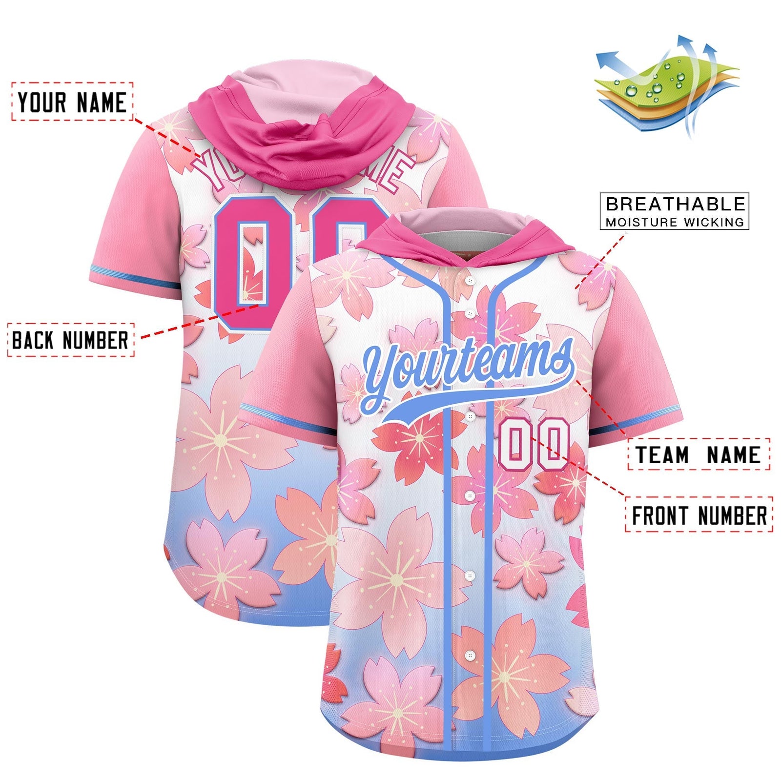 Custom Hooded Baseball Jersey | Pink Light Blue Cherry Blossom Personalized Name & Number Sport Jersey