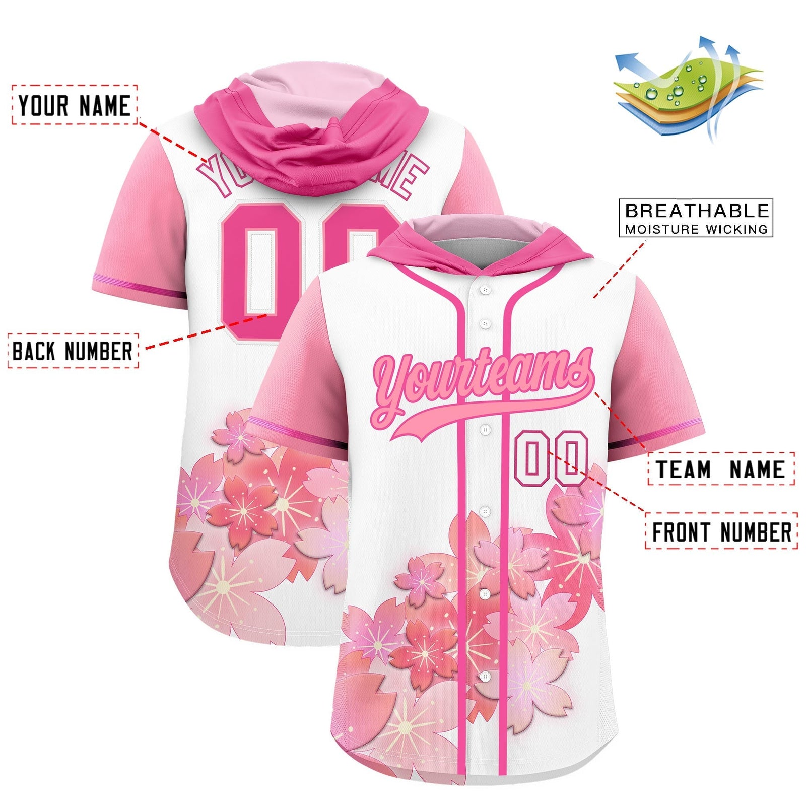 Custom Hooded Baseball Jersey | Pink Light Pink Cherry Blossom Personalized Name & Number Sport Jersey