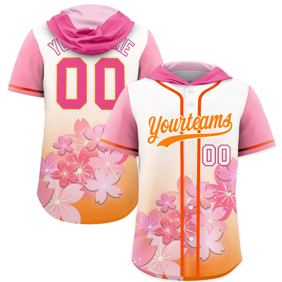 Custom Hooded Baseball Jersey | Pink Orange Cherry Blossom Moisture-Wicking Jersey for Men & Women
