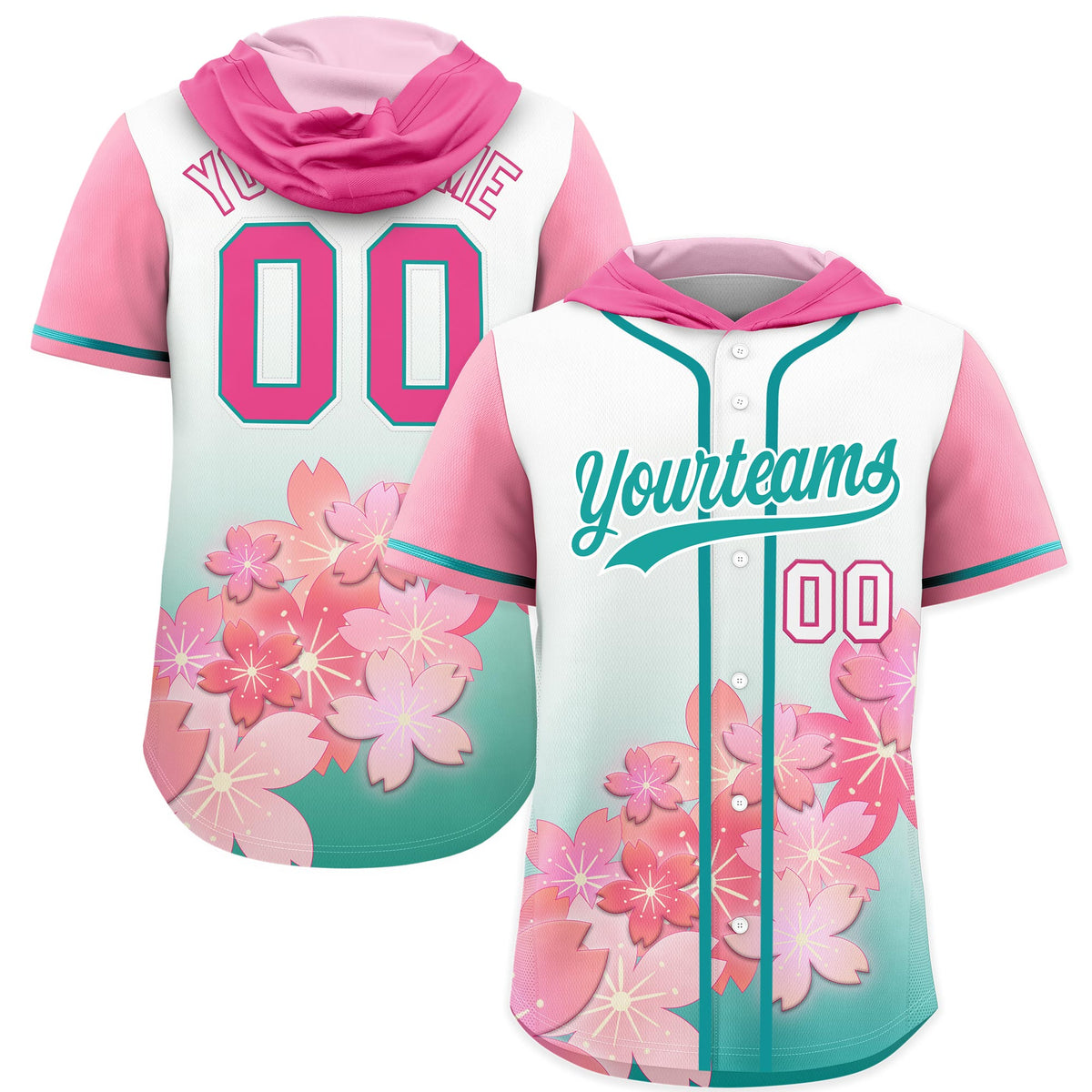 Custom Hooded Baseball Jersey | Pink Aqua Cherry Blossom Moisture-Wicking Jersey for Men & Women