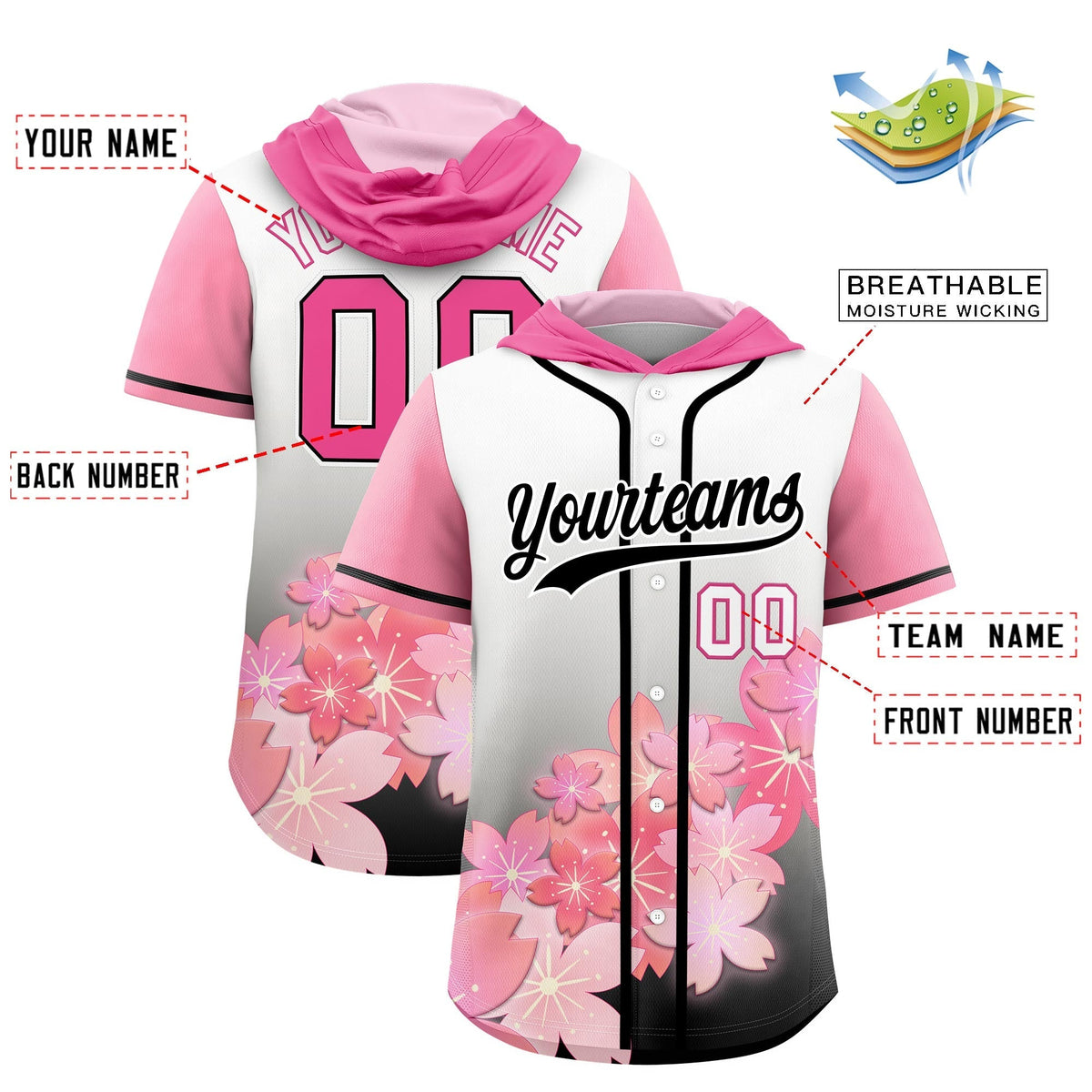 Custom Hooded Baseball Jersey | Pink Black Cherry Blossom Moisture-Wicking Jersey for Men & Women
