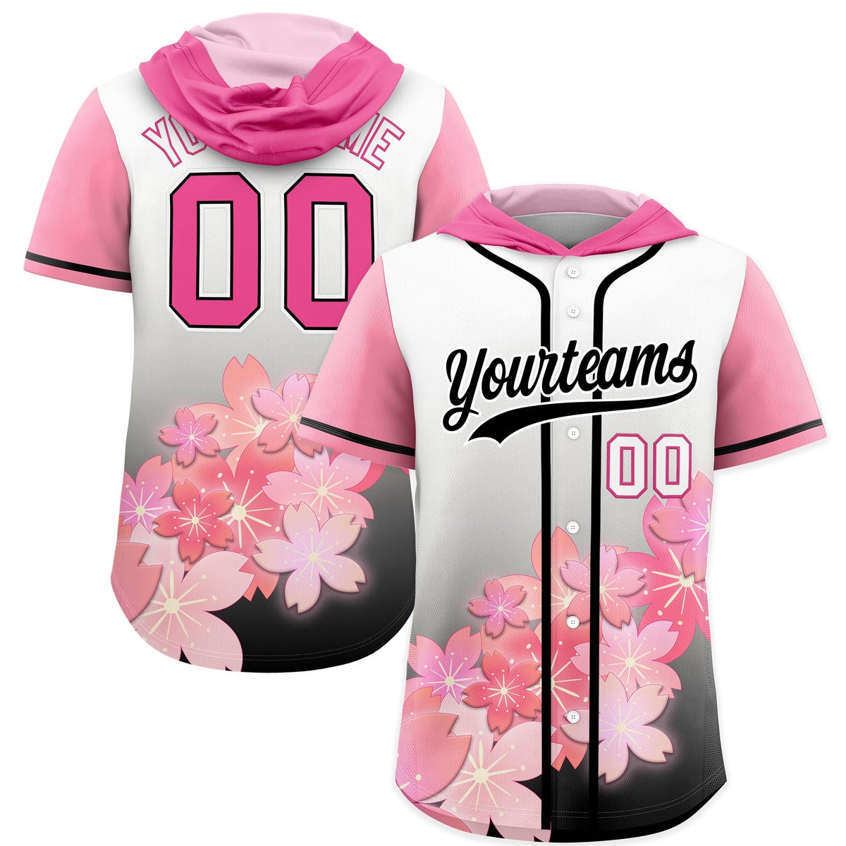 Custom Hooded Baseball Jersey | Pink Black Cherry Blossom Moisture-Wicking Jersey for Men & Women