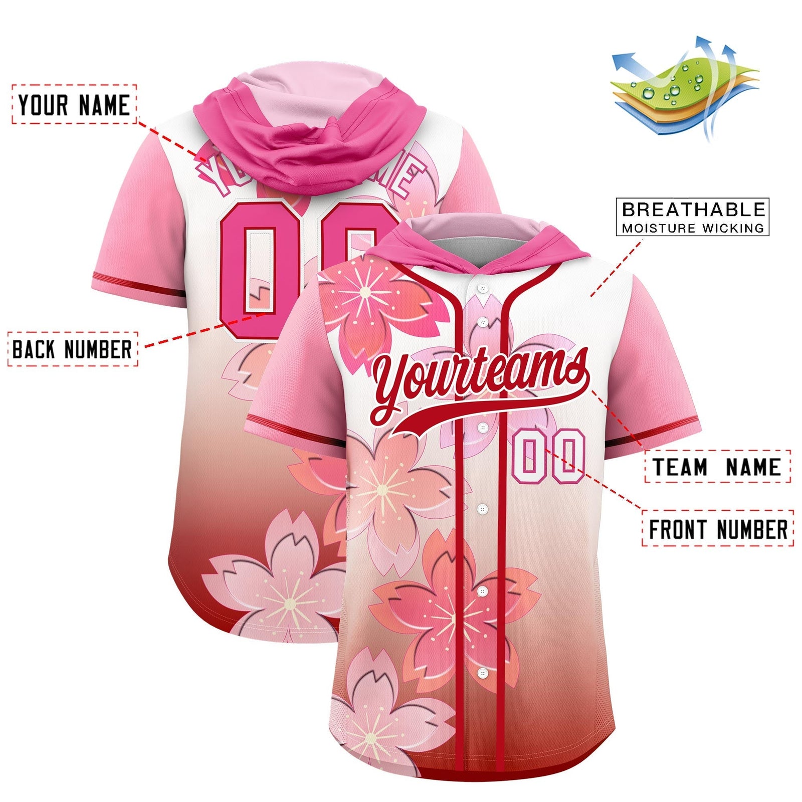 Custom Hooded Baseball Jersey | Pink Red Cherry Blossom Breathable Athleisure Streetwear