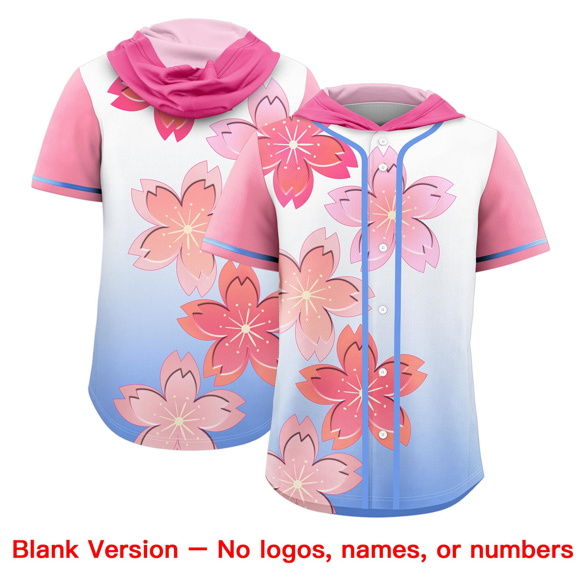 Custom Hooded Baseball Jersey | Pink Light Blue Cherry Blossom Personalized Name & Number Sport Jersey