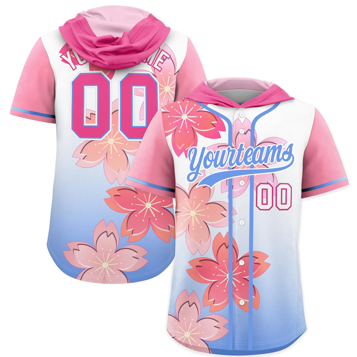 Custom Hooded Baseball Jersey | Pink Light Blue Cherry Blossom Personalized Name & Number Sport Jersey