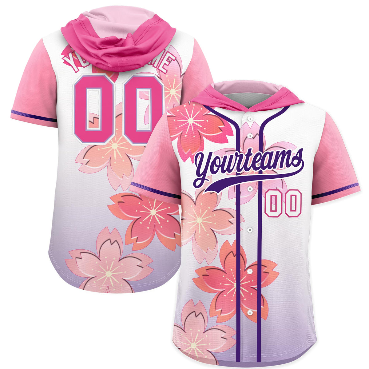 Custom Hooded Baseball Jersey | Pink Purple Cherry Blossom Breathable Athleisure Streetwear