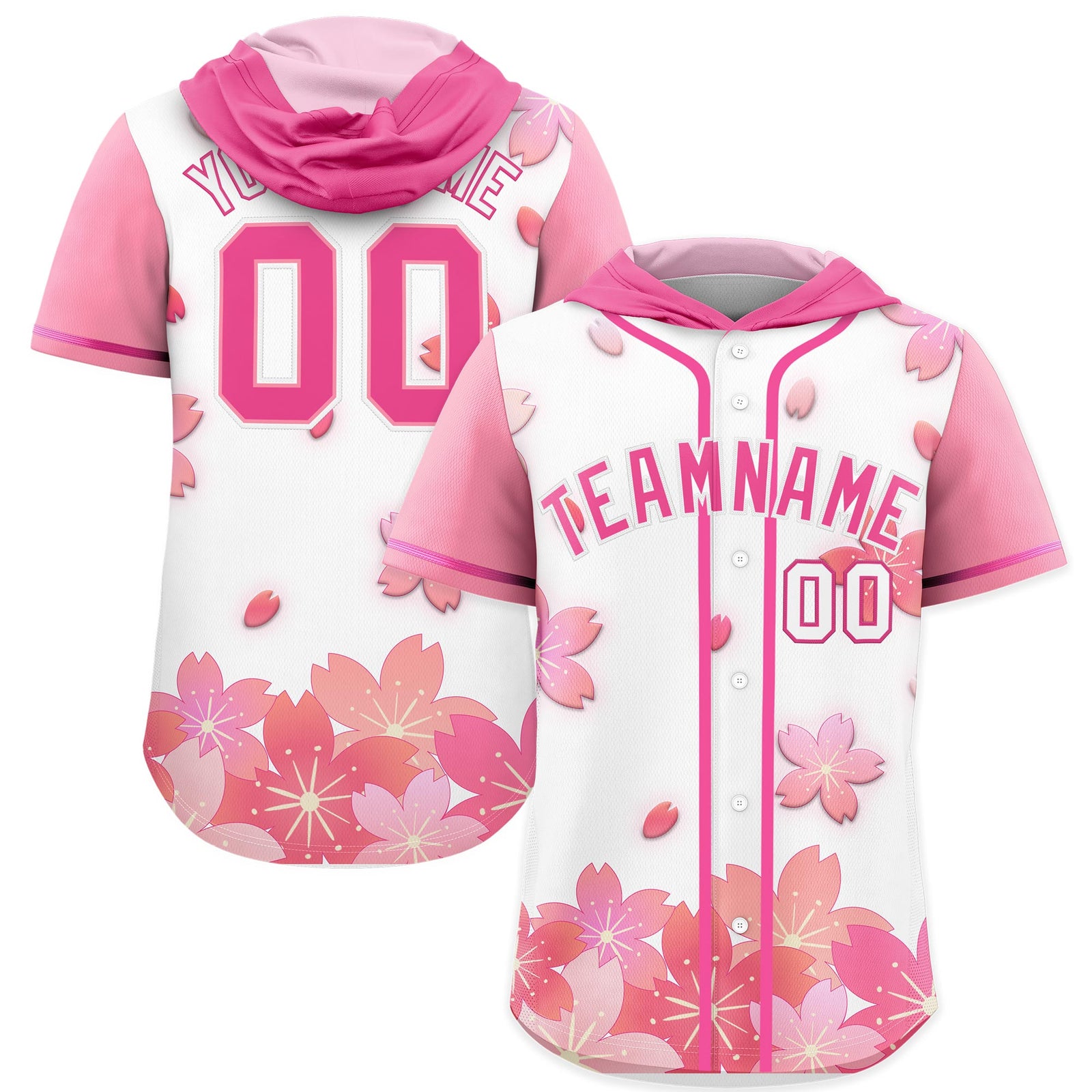 Custom Hooded Baseball Jersey | White Pink Cherry Blossom Personalized Name & Number Sport Jersey