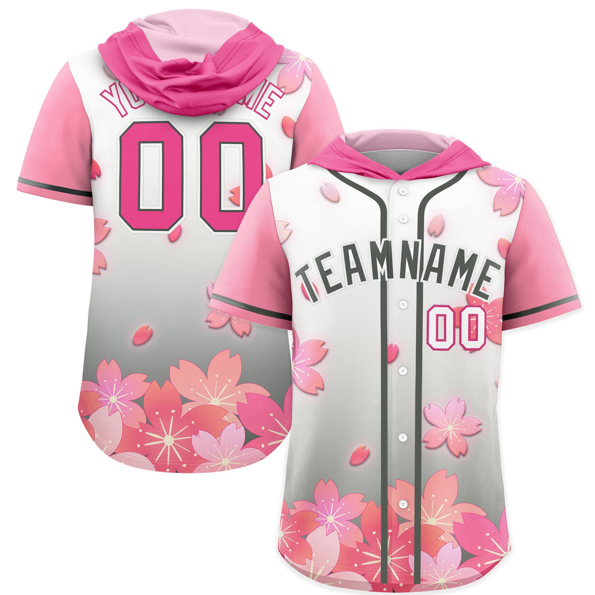 Custom Hooded Baseball Jersey | Pink Gray Cherry Blossom Moisture-Wicking Jersey for Men & Women