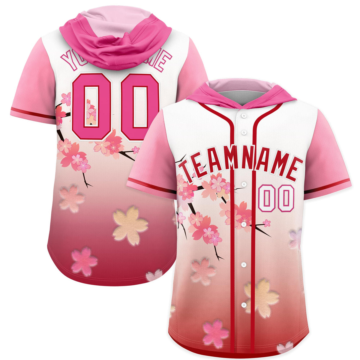Custom Hooded Baseball Jersey | Pink Red Cherry Blossom Moisture-Wicking Jersey for Men & Women