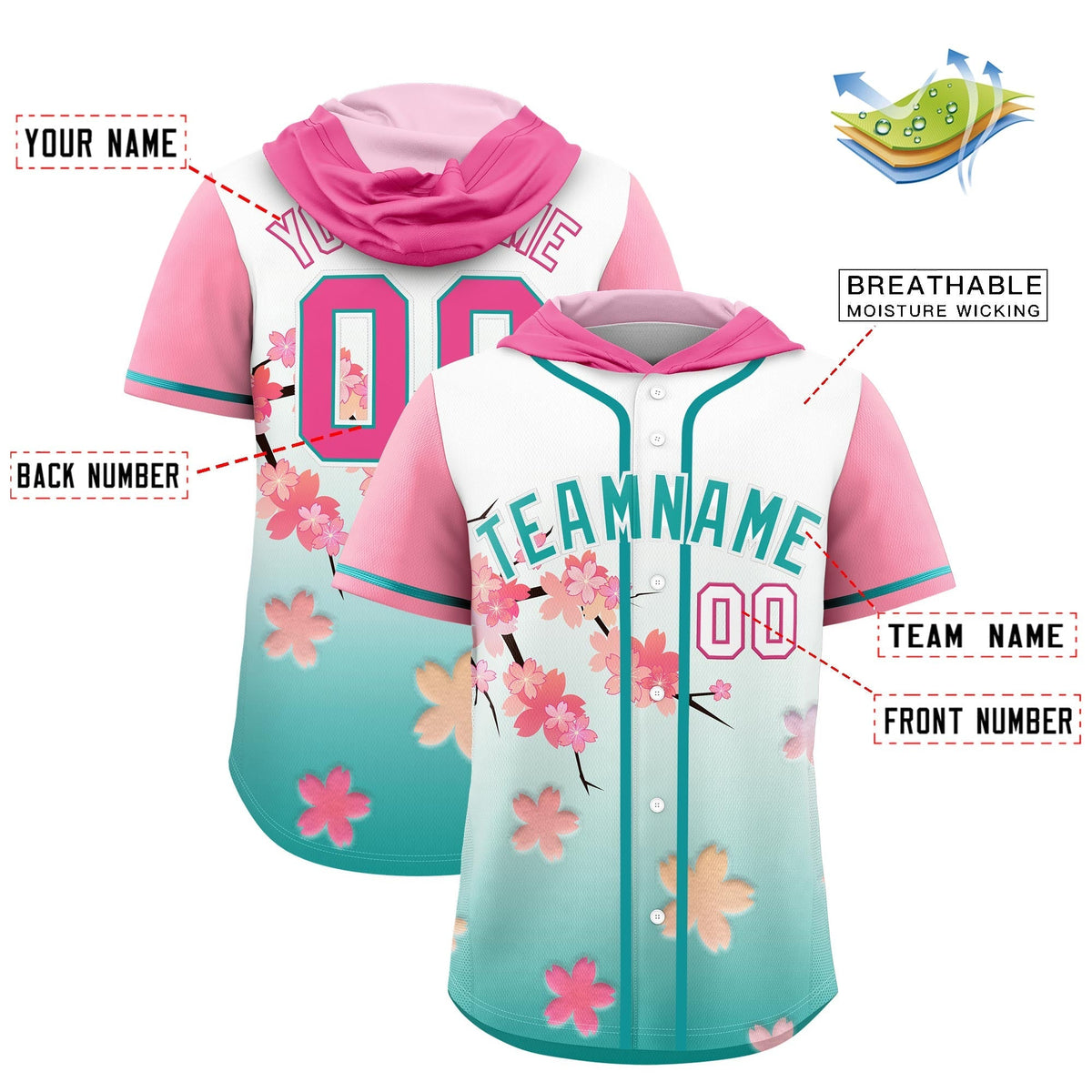 Custom Hooded Baseball Jersey | Pink Aqua Cherry Blossom Personalized Name & Number Sport Jersey