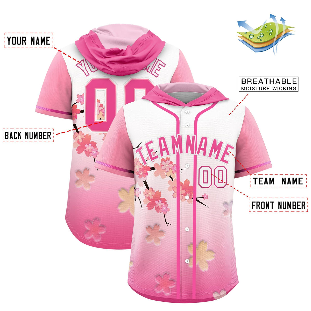 Custom Hooded Baseball Jersey | Pink White Cherry Blossom Personalized Name & Number Sport Jersey