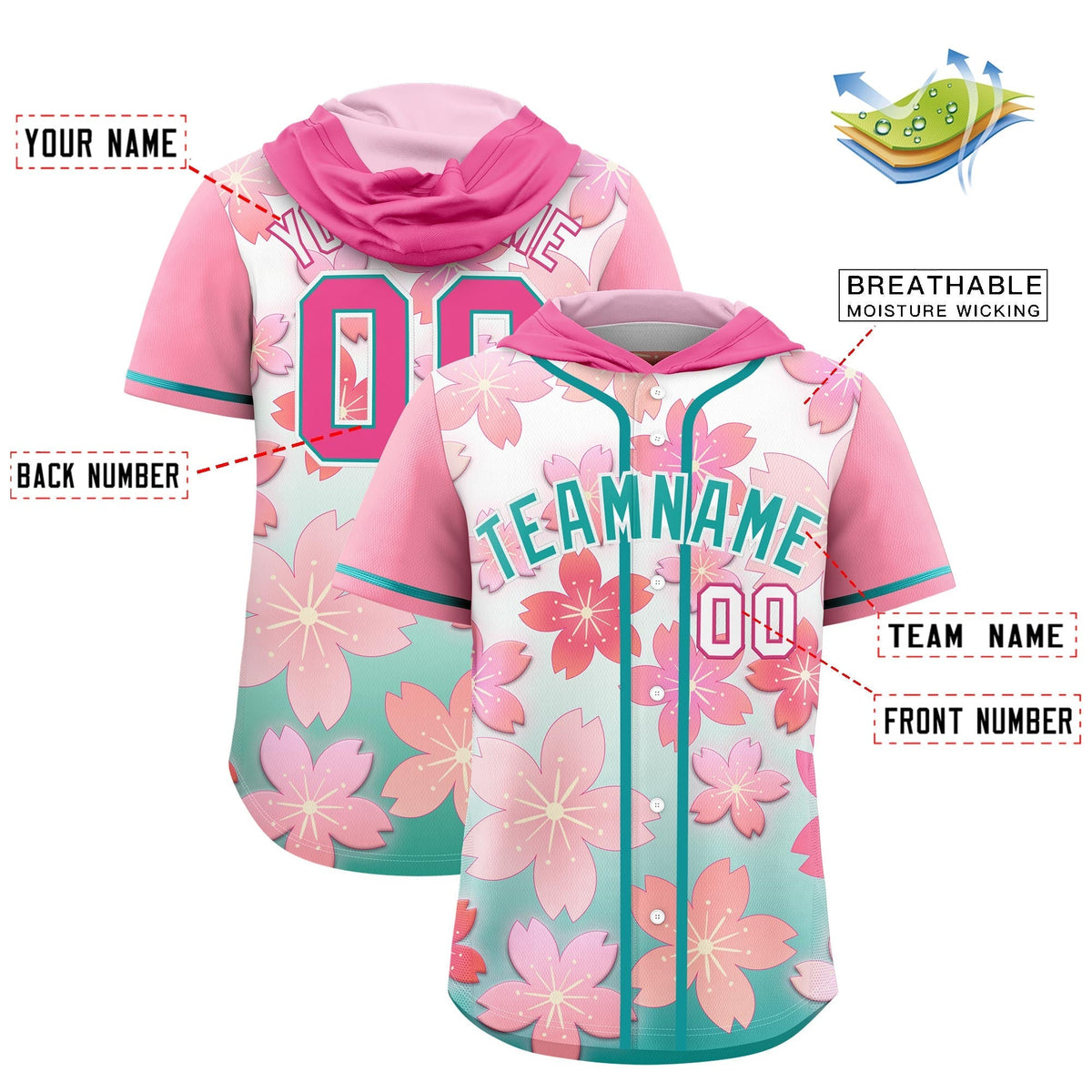 Custom Hooded Baseball Jersey | Pink Aqua Cherry Blossom Moisture-Wicking Jersey for Men & Women
